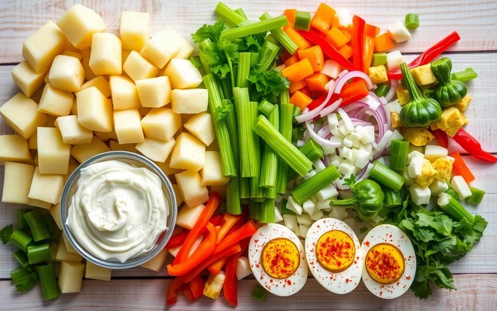 Fresh ingredients for Hellmann's Potato Salad Recipe: creamy Hellmann's mayonnaise, tender potatoes, crunchy celery, diced onions, tangy mustard, salt, and pepper for a perfect summer side dish.