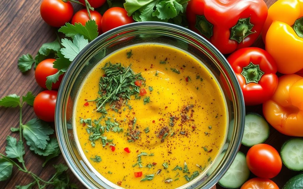 Homemade pasta salad dressing, featuring a mixture of fresh herbs, olive oil, balsamic vinegar, and spices, surrounded by colorful vegetables.