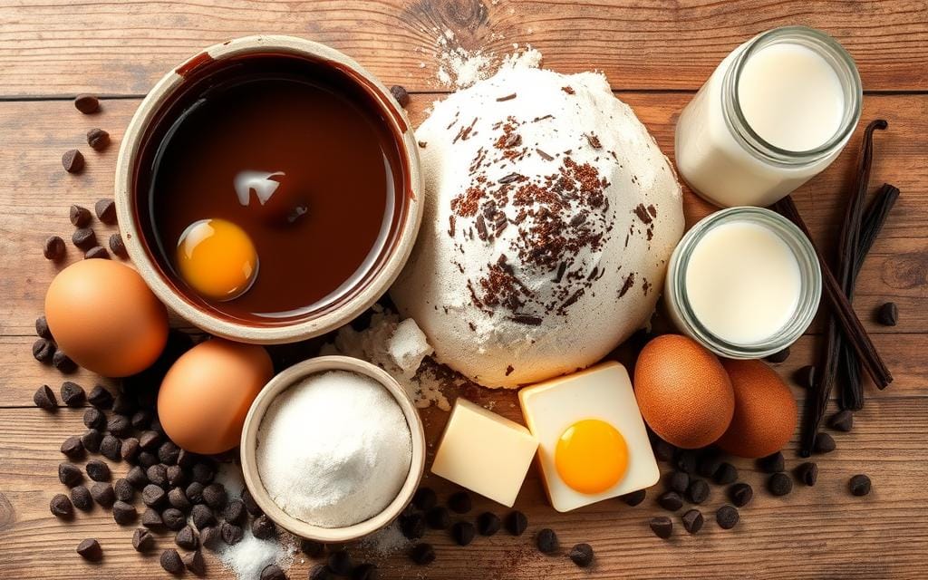 A visually appealing arrangement of chocolate bun ingredients