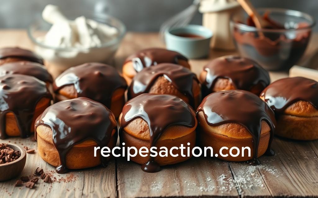 A beautifully arranged assortment of freshly baked chocolate buns on a rustic wooden table