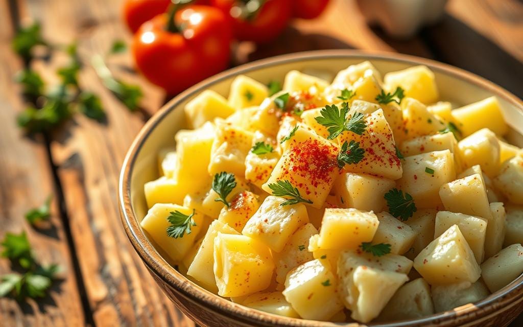 A vibrant bowl of creamy potato salad featuring diced potatoes, mixed with Hellmann's mayonnaise, garnished with fresh parsley and a sprinkle of paprika, set on a rustic wooden table, warm sunlight illuminating the scene.