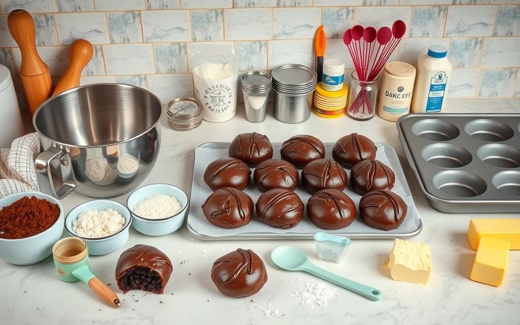 A well-organized kitchen countertop featuring essential baking tools for making chocolate buns