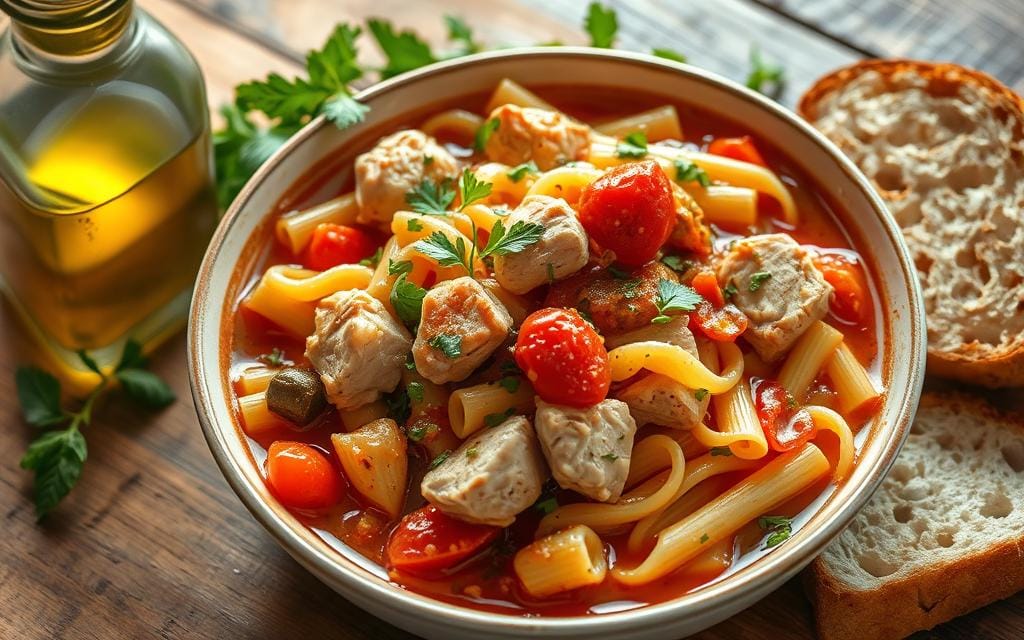 bowl of Italian chicken pasta fazool, featuring tender pieces of chicken, vegetables and olive oil