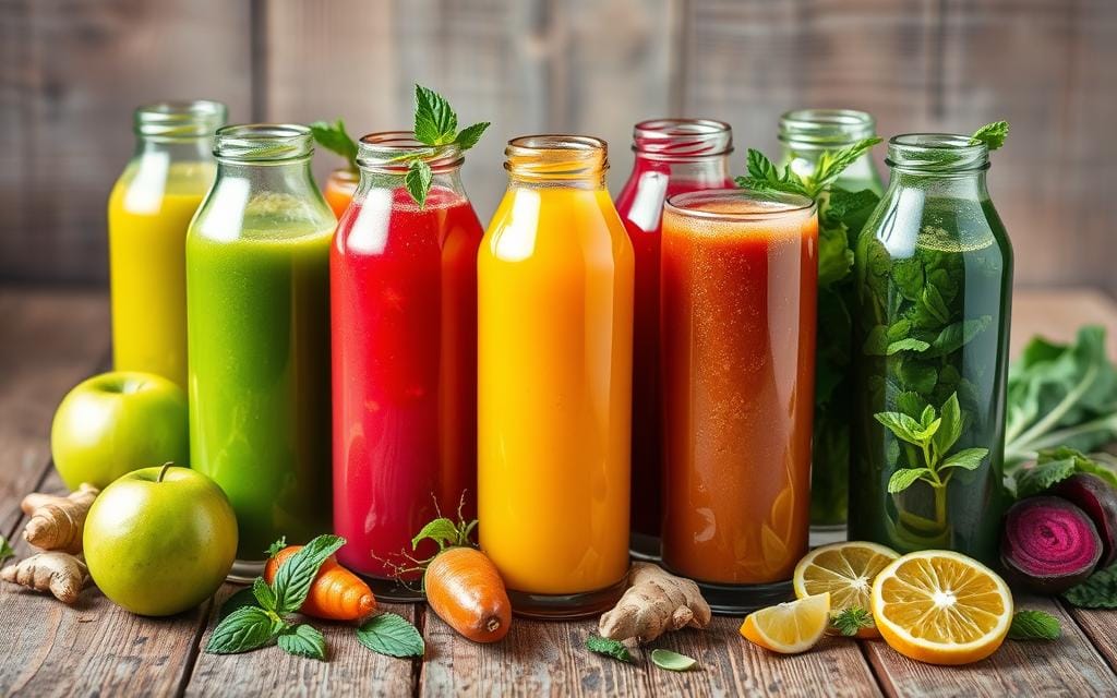 assortment of colorful detox juices in clear glass bottles