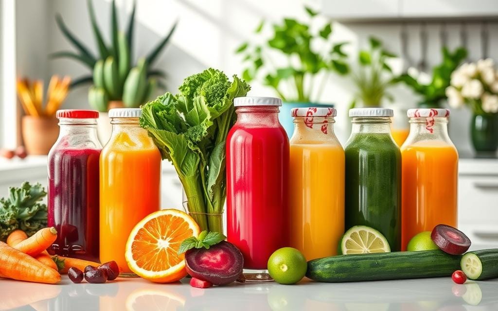 arrangement of cold pressed juice combinations in colorful glass bottles