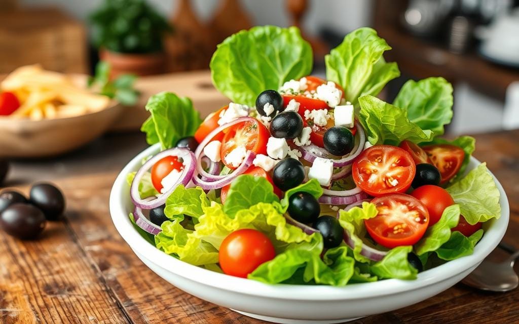 Pasta House Co Salad: Fresh romaine, tomatoes, olives, feta, vinaigrette on rustic table, Italian kitchen vibe