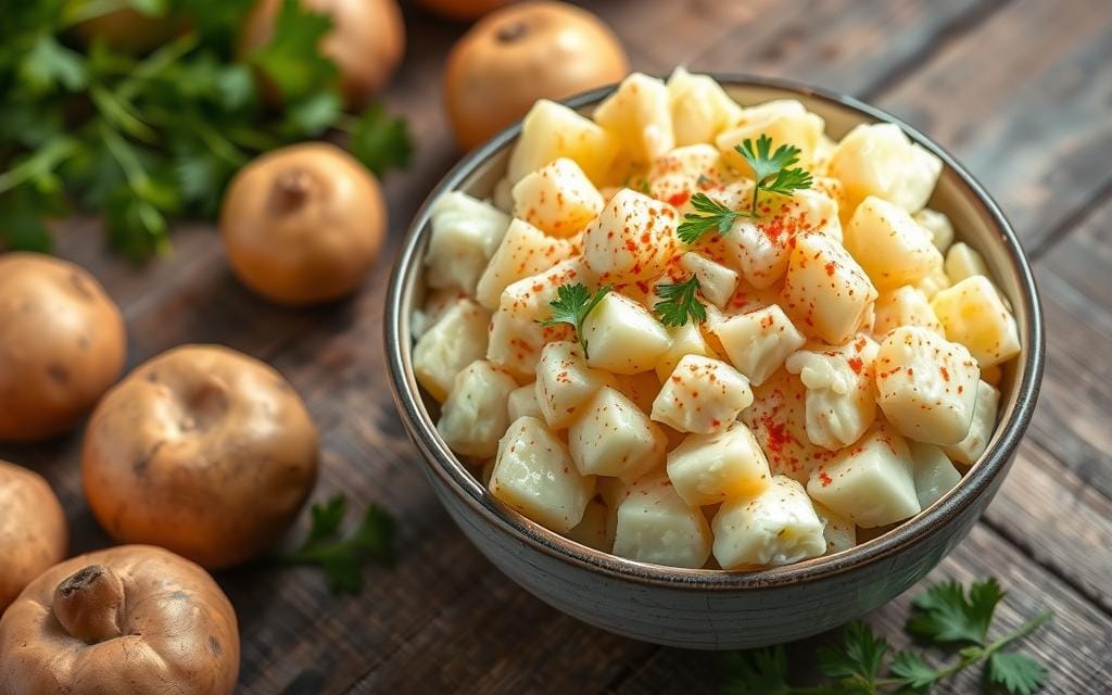 Deliciously creamy Hellmann's potato salad served in a bowl, featuring a blend of tender potatoes, crunchy celery, and savory onions, perfect for summer gatherings and picnics.