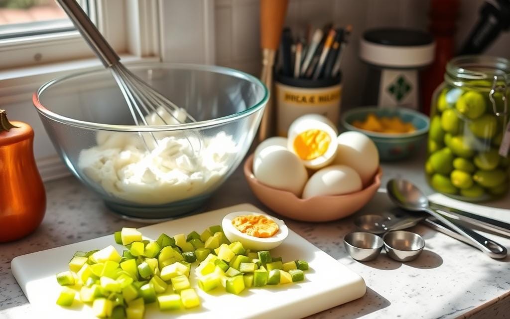 flavorful pickled egg salad ingredients and tools