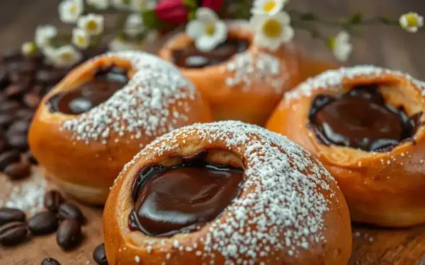 A close-up of freshly baked chocolate buns, glossy and warm