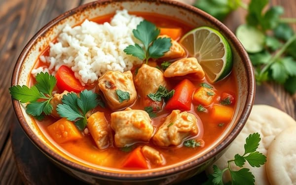 bowl of spicy chicken soup filled with tender chicken pieces and colorful vegetables