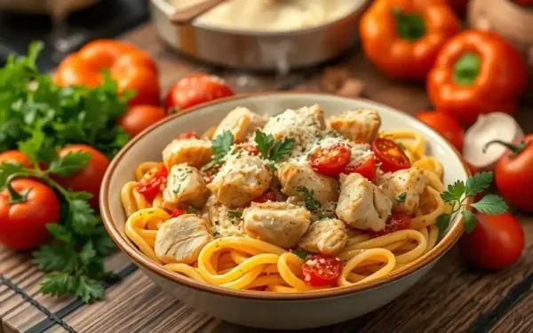 bowl of pasta fazool with tender chicken pieces, garnished with fresh parsley and grated parmesan